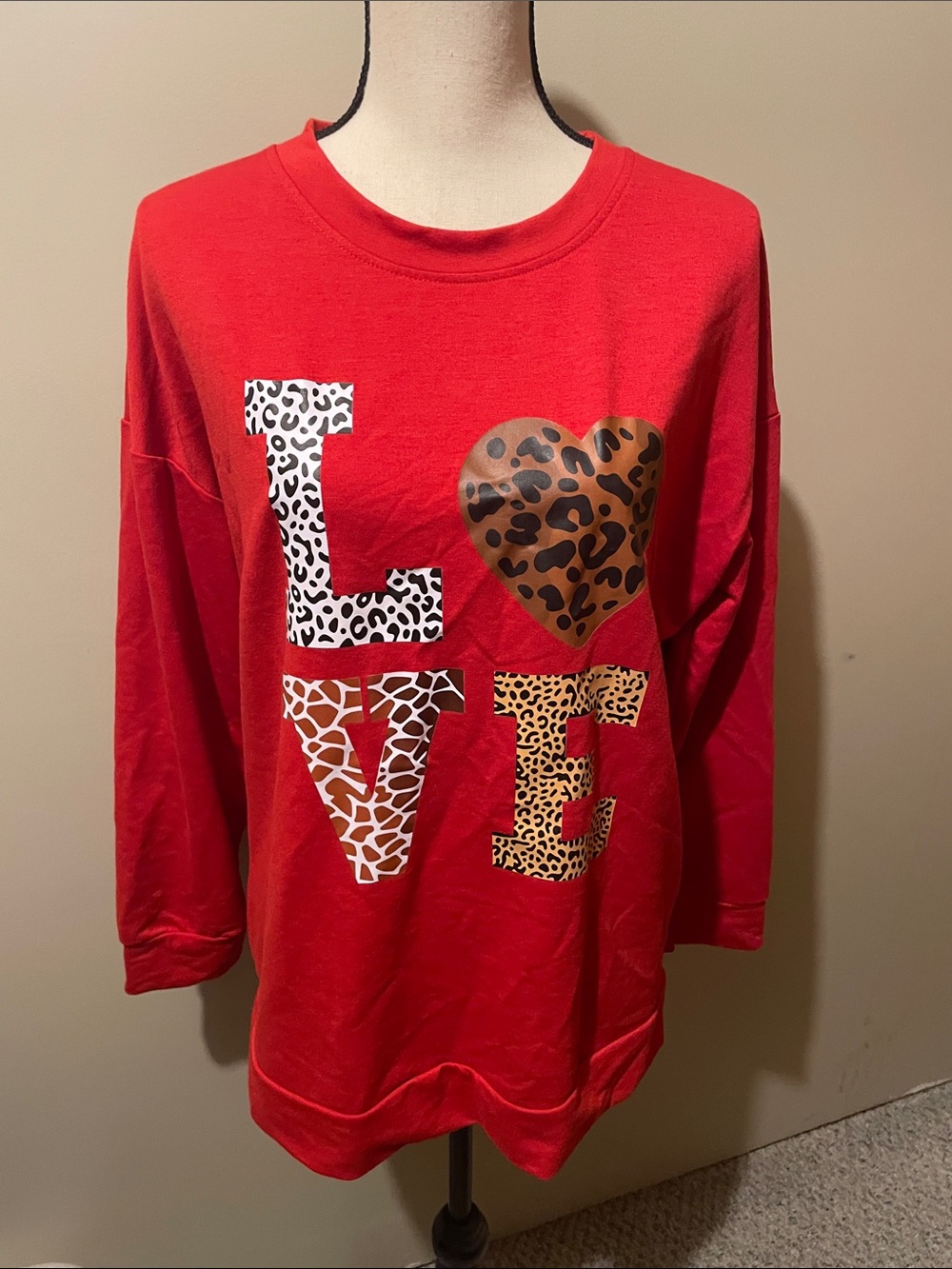 Red LOVE Graphic Sweatshirt with Leopard Print Accents